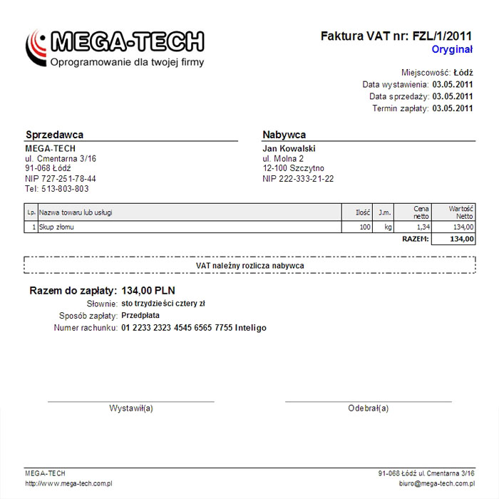 Faktura VAT za złom Faktura VAT za złom