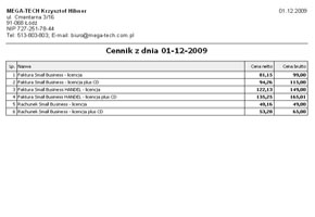 Cennik wystawiony za pomcą programu