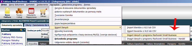 Pokazane miejsce w menu z którego możemy wybrać naszą migrację pomiędzy programami. import menu