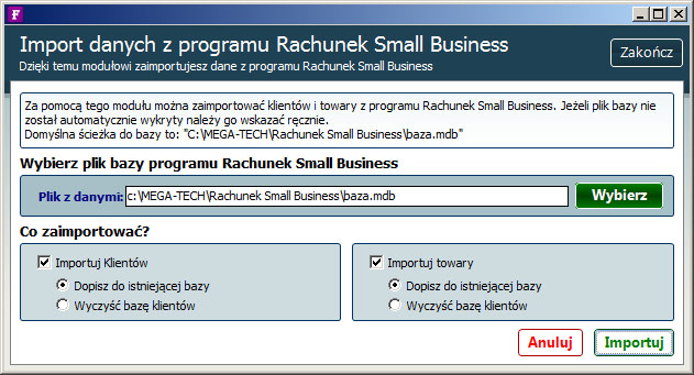 Import danych z Rachunek Small Business lub Rachunek Small Business Handel. okno importu