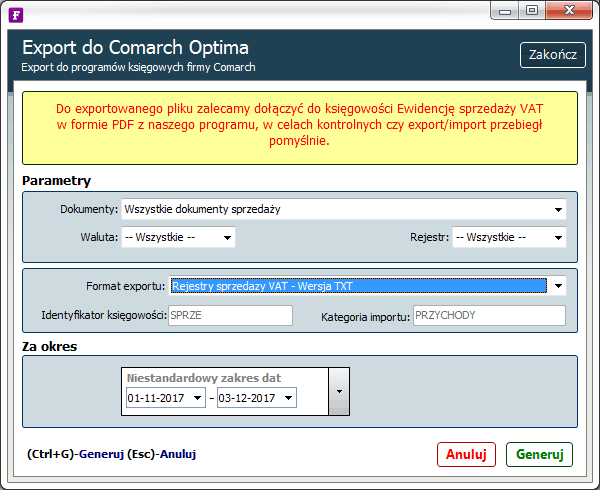 export do comarch optima txt