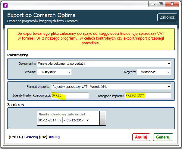 export do comarch optima