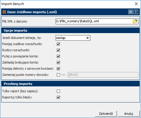 dane źródłowe importu