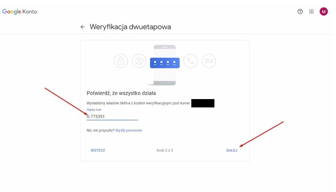 kod sms gmail
