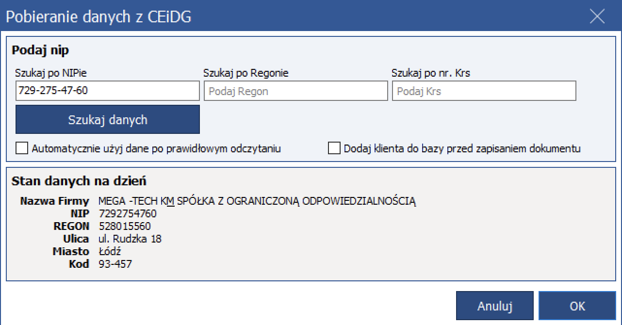 pobieranych danych klienta z GUS